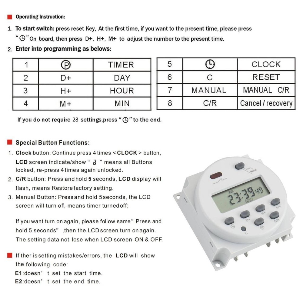 Digital LCD Timer Switch Relay, 24V DC/AC, 16A, 28 Programs for Lighting Control