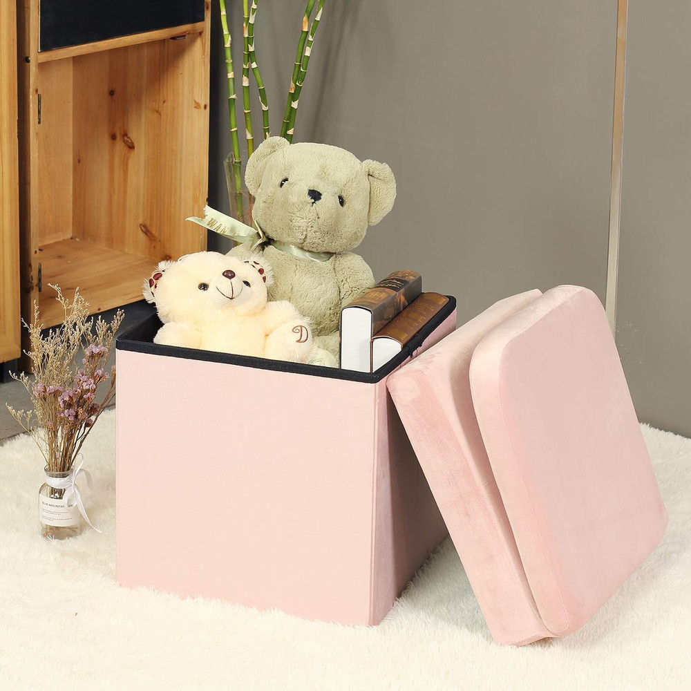 Pink Velvet Folding Storage Ottoman with Seat Back - Space-Saving Organizer