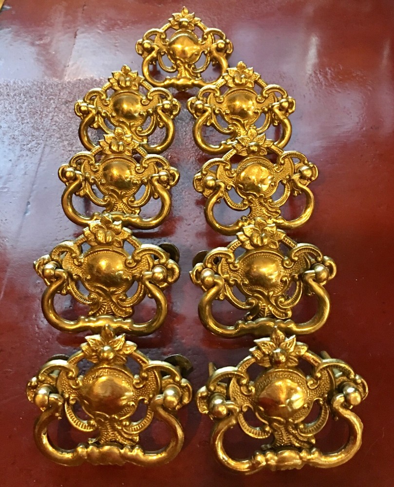 Set of 9 Ornate Brass Drop Drawer Pulls