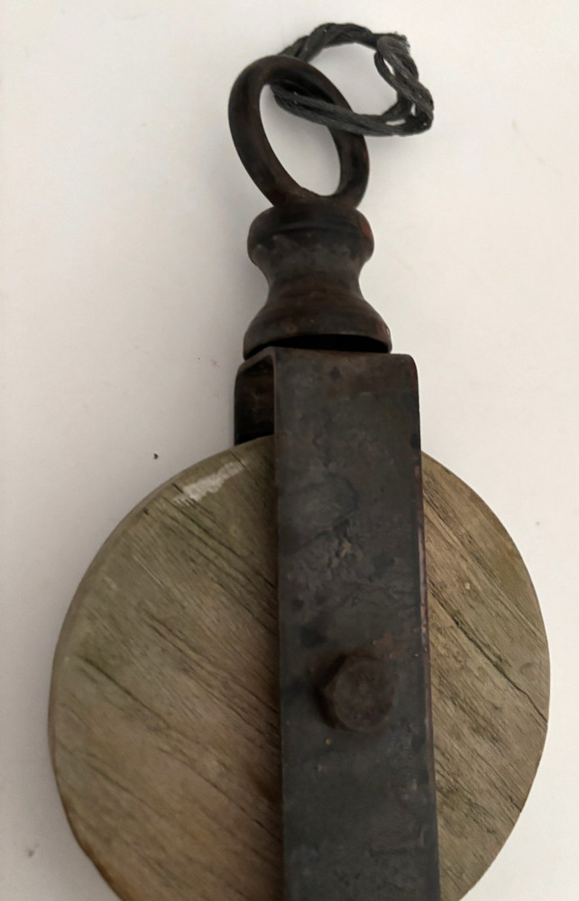 Vtg WOOD WHEEL & WROUGHT IRON 13" BARN PULLY Hook End Hanging Loop RUSTIC DECOR