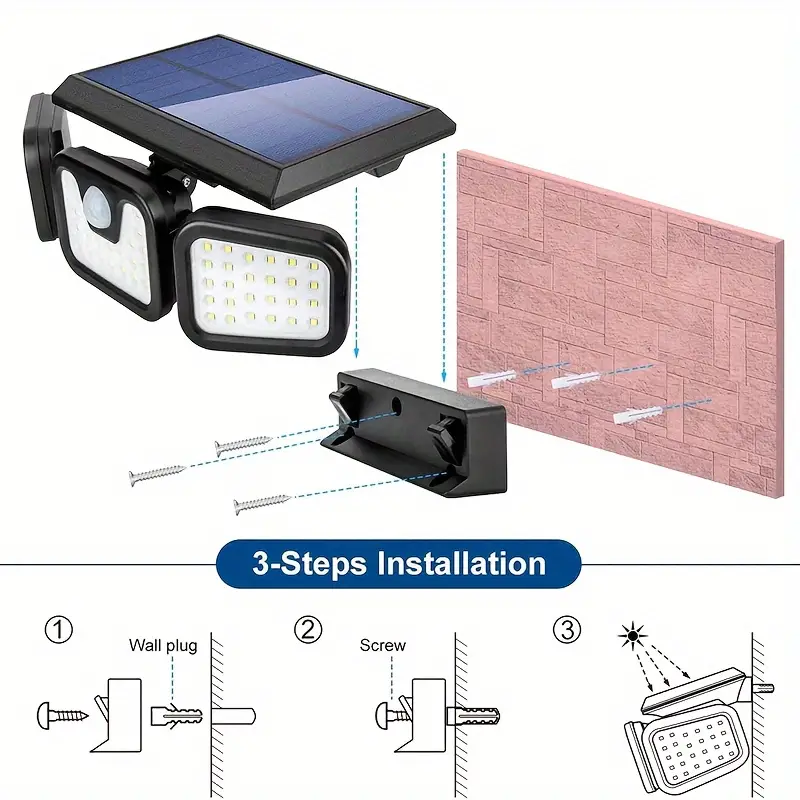 20000LM Solar Security Light Outdoor 3 head 74 LED Motion Sensor Waterproof Lamp