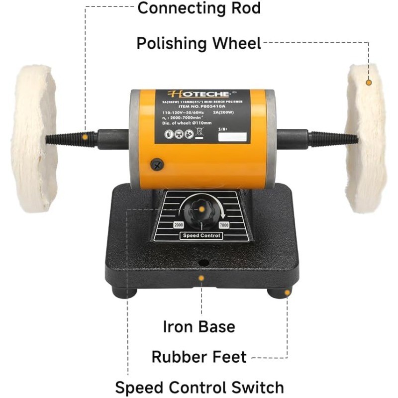 Hoteche 4-3/8-Inch Bench Buffer Polisher Adjustable Speed Buffing Machine