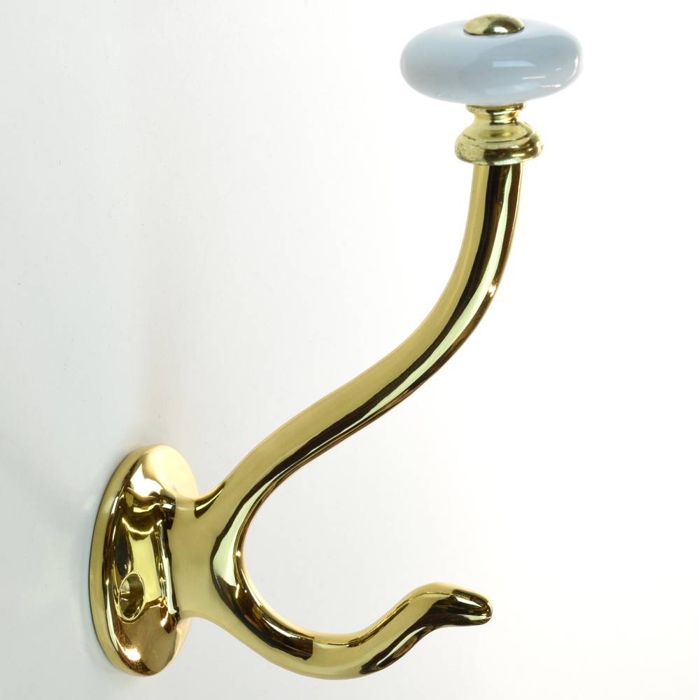 Solid Brass VICTORIAN Coat Hat Hook Polished Brass White Ceramic, Hickory P27360