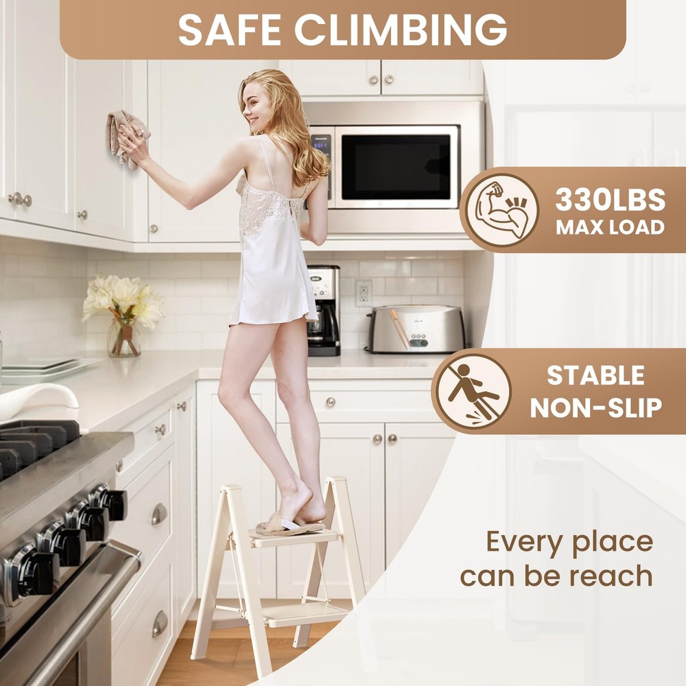 GameGem 2 Step Ladder Folding Stool with Wide 2 STEP, Cream White