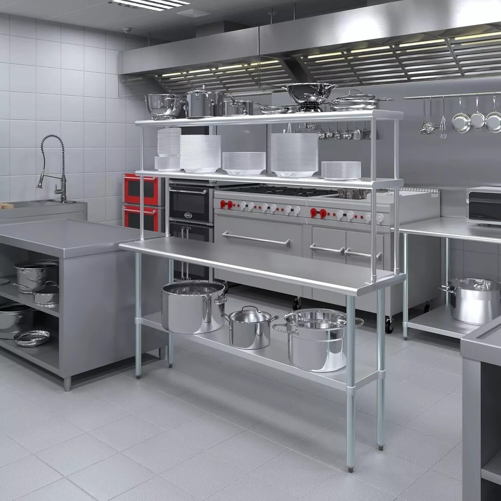 NSF Certified Prep & Work Table w/ Double Overshelf, Stainless Steel