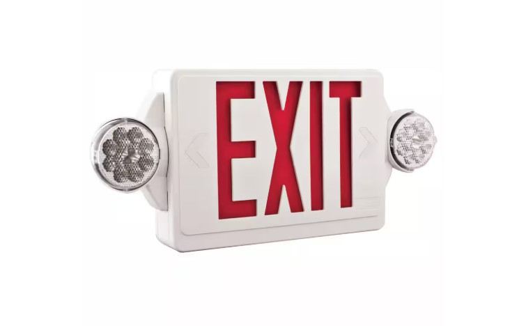 Lithonia Lighting LHQM LED Red Exit Sign With Emergency Lights, White, 2 Faces