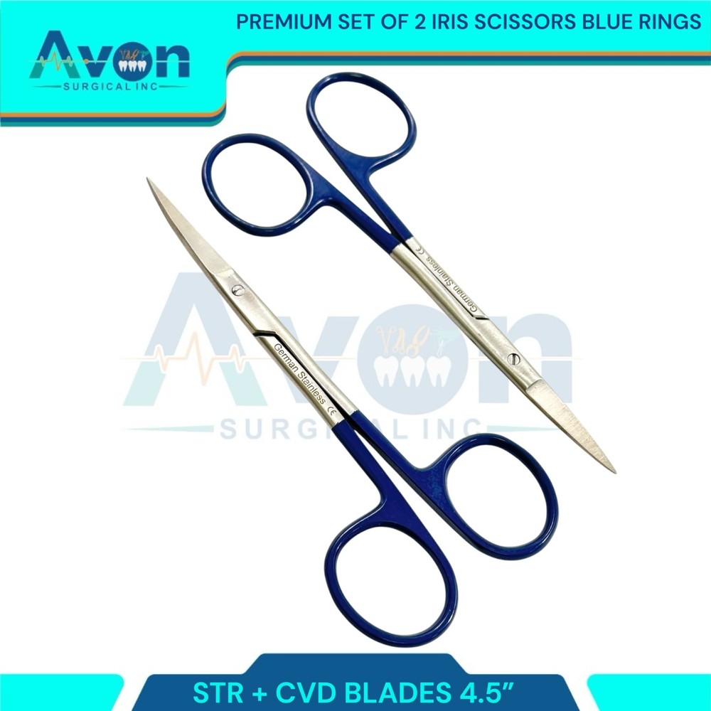 2pcs Premium Dissecting Iris Scissors with Sharp Points, Curved+Straight - 4.5in