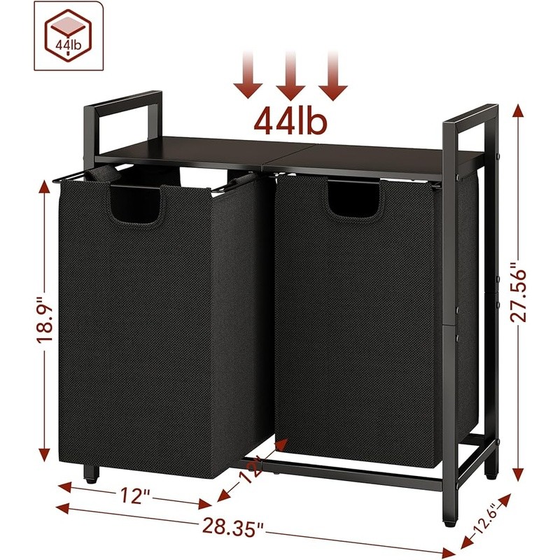 Dual Compartment Laundry Hamper W/ Pull Out Bags & Storage Shelf Organizer New