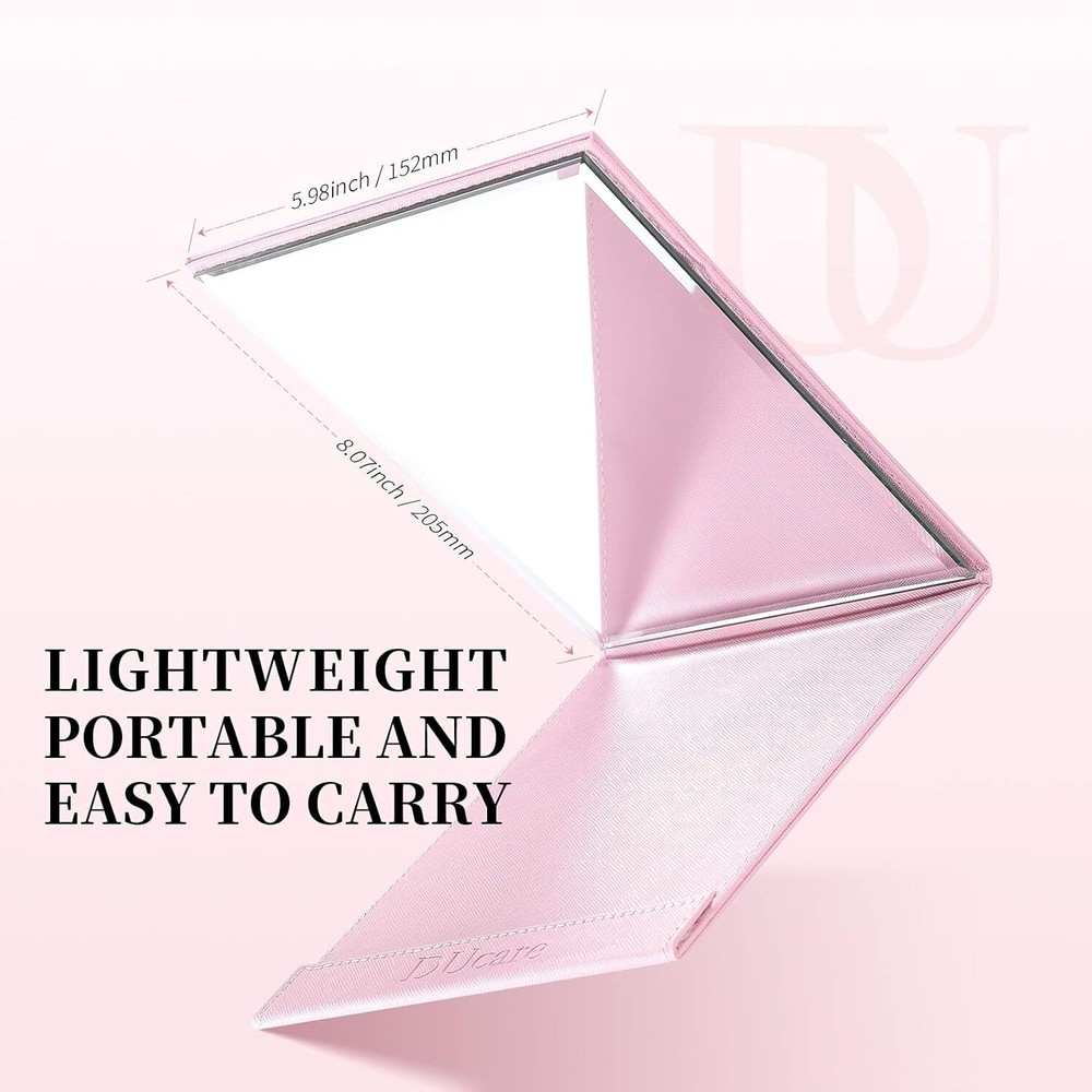 DUcare Folding Mirror Travel Portable Vanity Adjustable thin Leather Case Pink