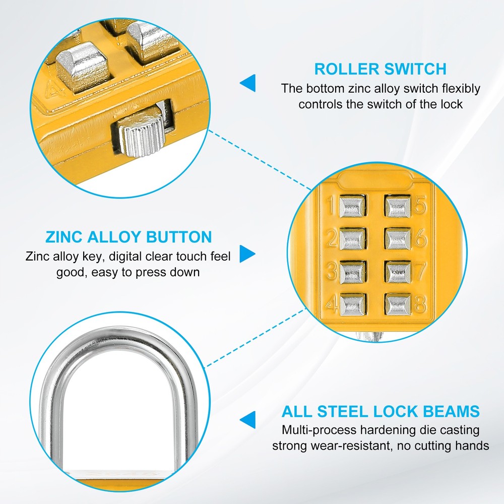 8 Digit Button Combination Padlock 2-Pack Yellow for Gym or School