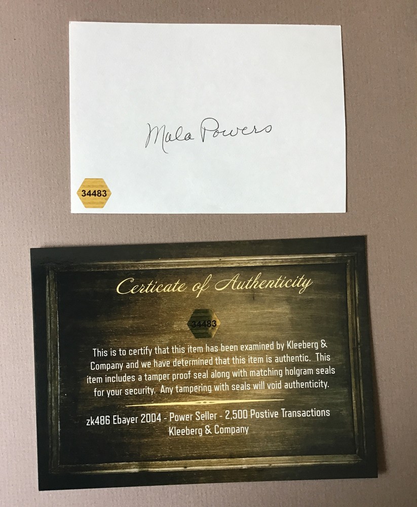 MALA POWERS  Index Card AUTOGRAPH.  COA. Actress