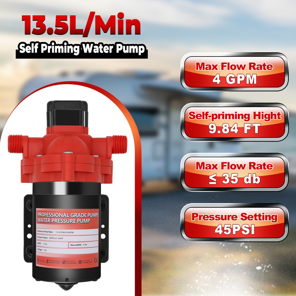 RV Water Pump 12V DC Pressure 4GPM 45 PSI Self-Priming for RV/Marine/Garden