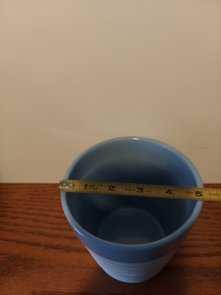 Blue Rimmed White Ribbed Medium Size Ceramic Pot