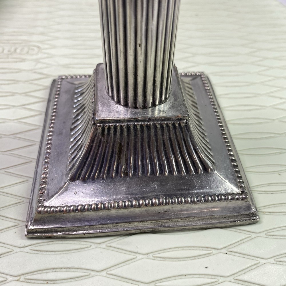 2 SILVER PLATED NEOCLASSICAL CORINTHIAN COLUMN CANDLE STICKS HOLDERS 8” TALL