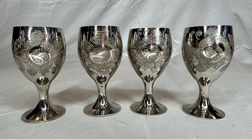 Silver Plated Floral Etched Brandy/Cordial Goblets