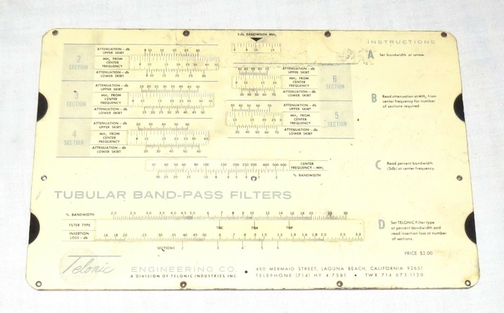 Telonic R F Filter Performance Chart Cardboard Slide Rule