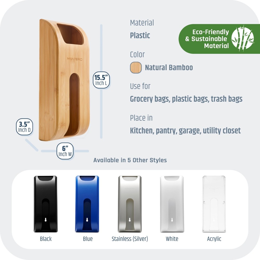 Manterio Bamboo Wall-Mounted Sleek Plastic Bag Holder