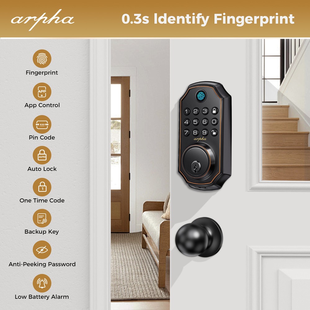 ARPHA Keyless Fingerprint Smart Door Lock Auto Lock Deadbolt APP+Handle Keypad