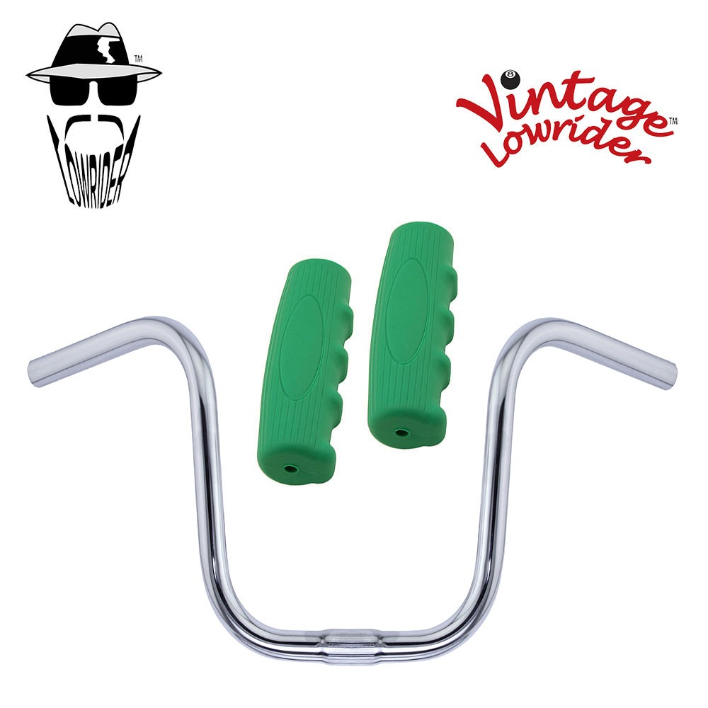 Original Lowrider 9" 25.4 U Handlebar Chrome 0214 120mm Grips Solid/Green
