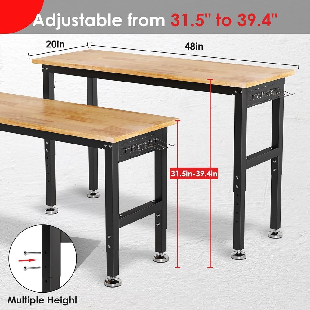 Adjustable Work Bench with Power Outlet&Pegboard,Rubber Wood Top Work Table