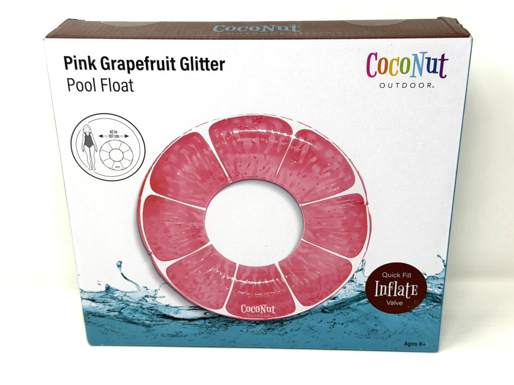 Pink Grapefruit Glitter CocoNut 42” Inflatable Ring Float NEW Quick Inflate