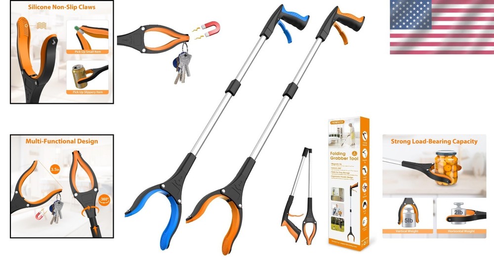 Compact 32" Grabber Tool - 2-Pack with Enhanced Silicone Jaw & Folding Design