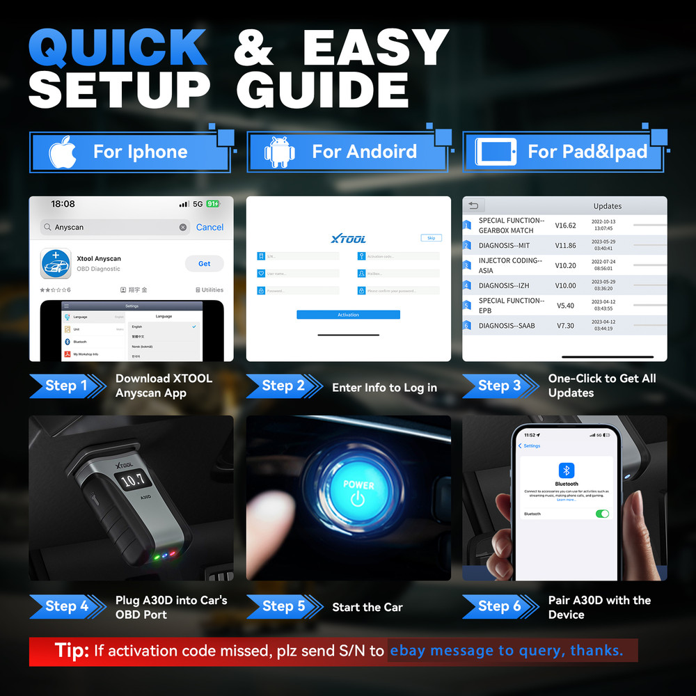 XTOOL A30D V2.0 Bluetooth Full System Diagnostic Tool OBD2 Scanner Bidirectional
