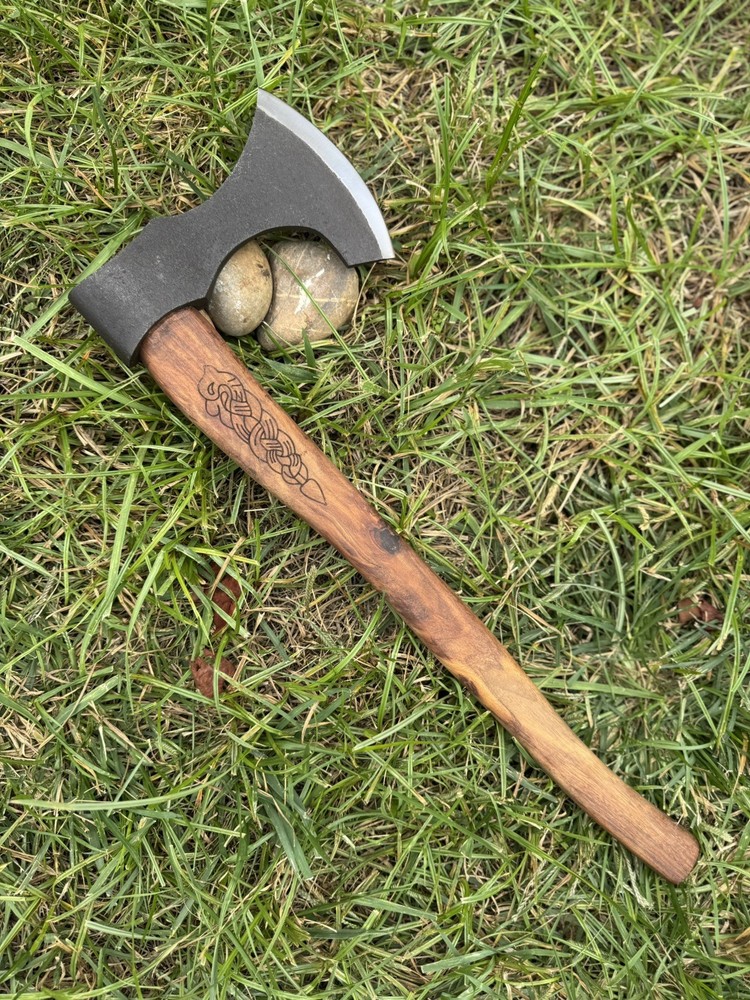 Custom Handmade Carbon Axe Engraved Handle With Leather Sheath