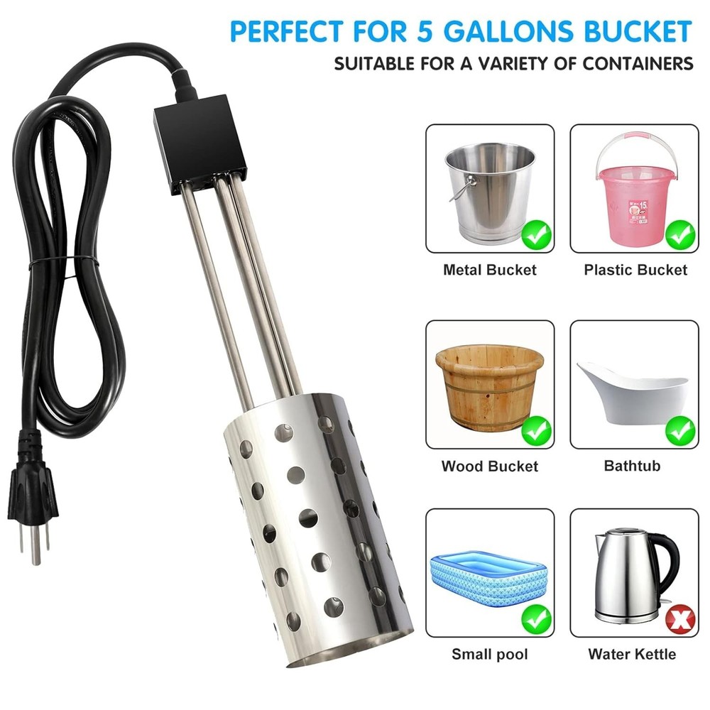1500W Bucket Heater, Rust Proof Built in Temperature Controller Immersion Wat...