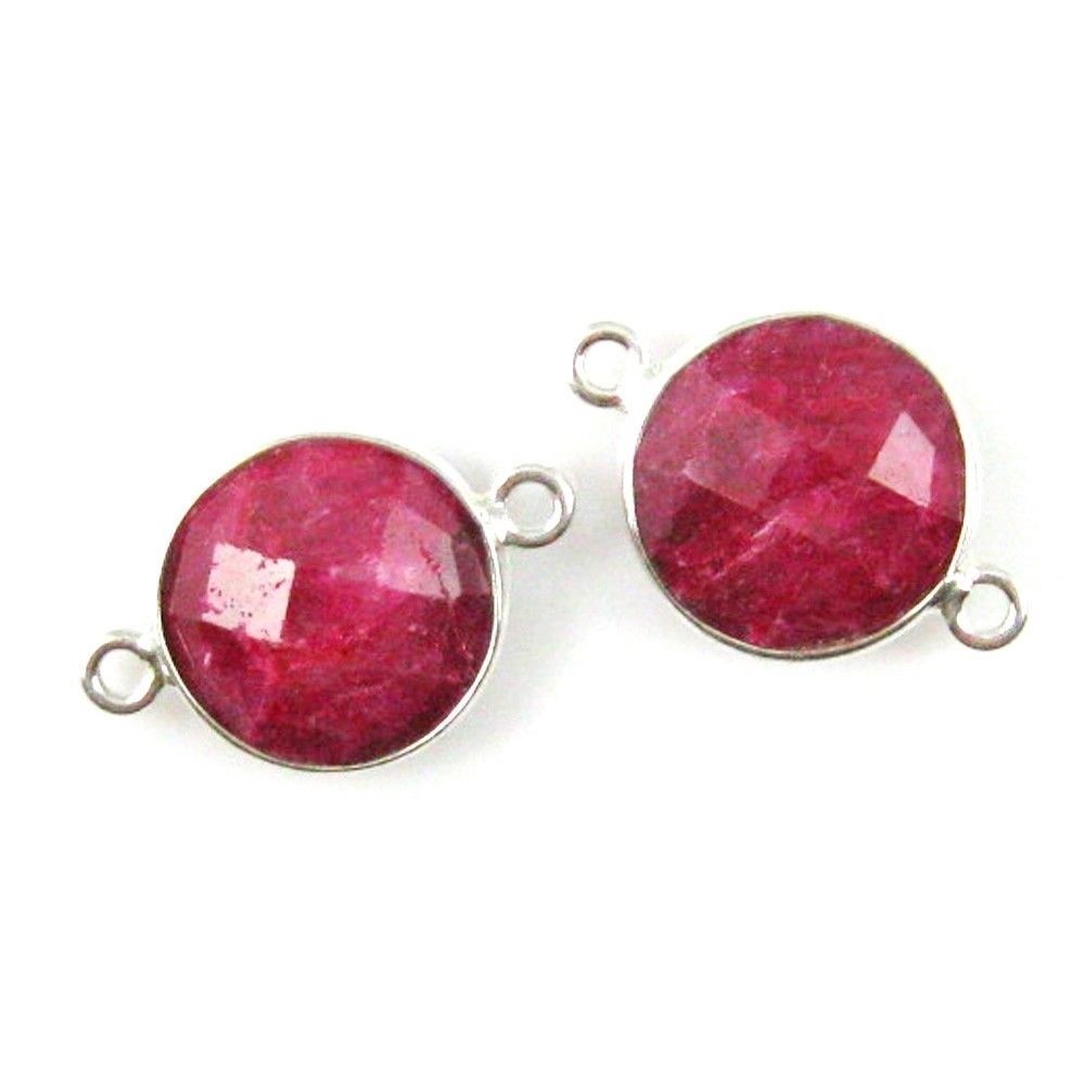 Bezel Gem Links - Sterling Silver - Faceted Coin Shape - Dyed Ruby (2 Pcs)