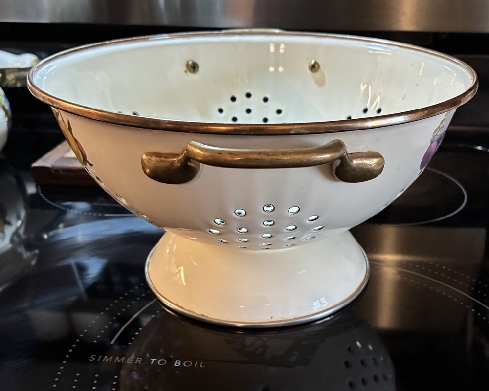 Vintage Cornucopia Enamel and Brass Colander/ Strainer Mixed Fruit Design