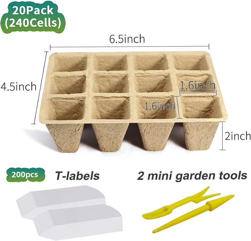 360 Cells Seed Starter Tray, 30 Pack Biodegradable Peat Pots with 200 Labels, Pl