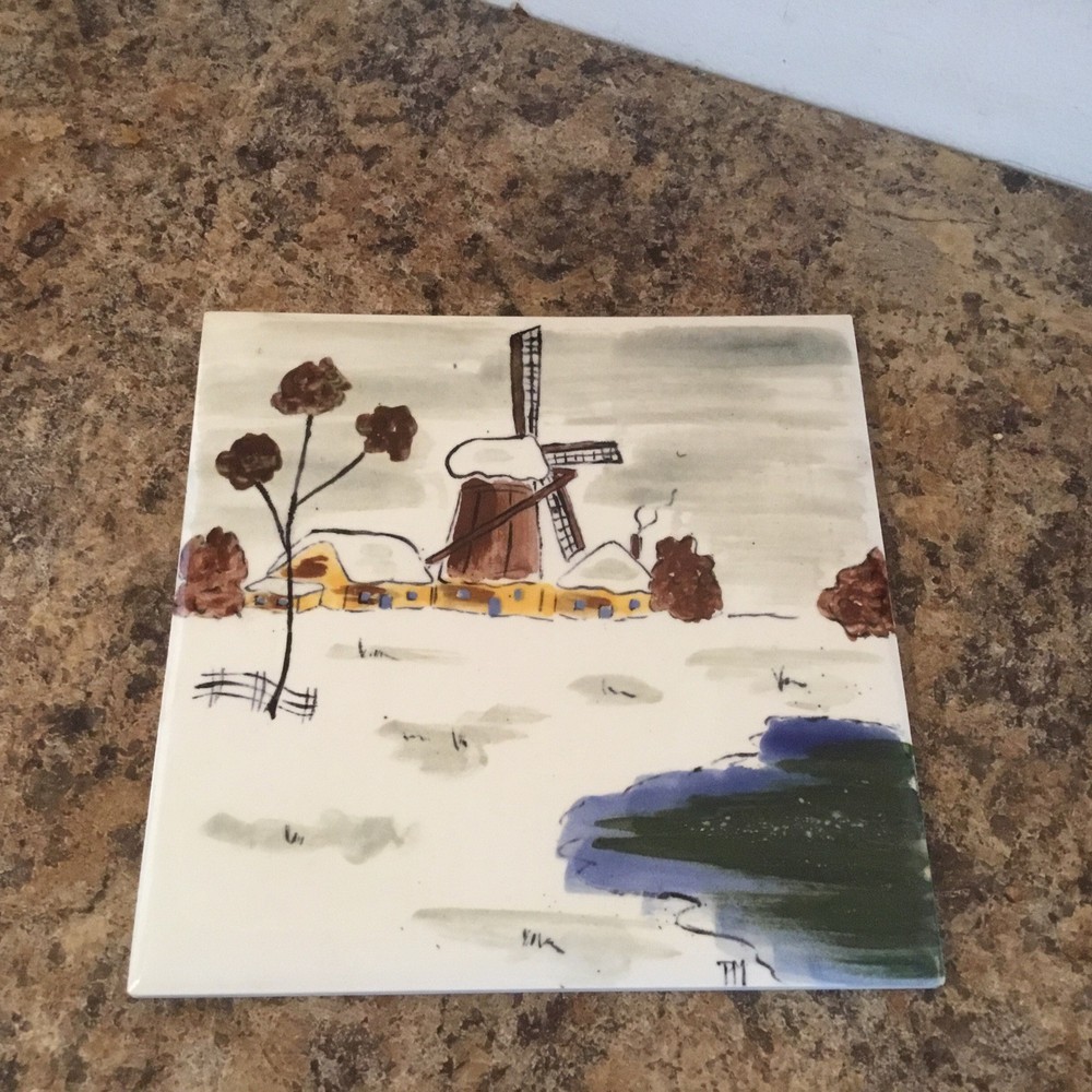 Vtg  Handpainted Windmill Snowy Wall Tile 6" Trivet