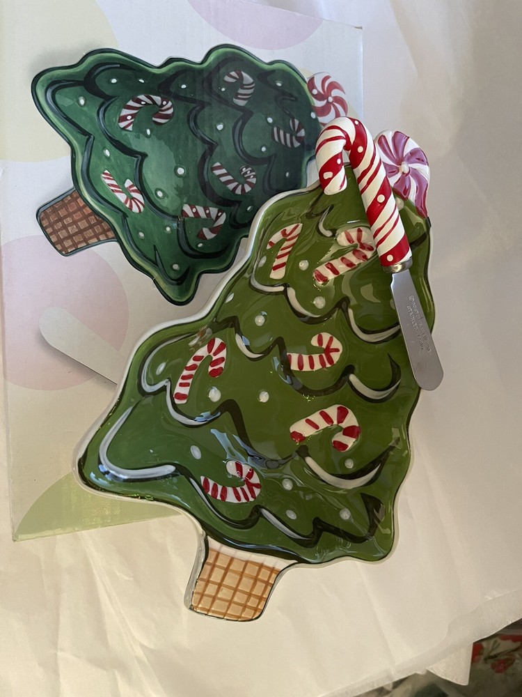Boston Warehouse Dip Bowl & Spreader Set Candy Canes Christmas Tree