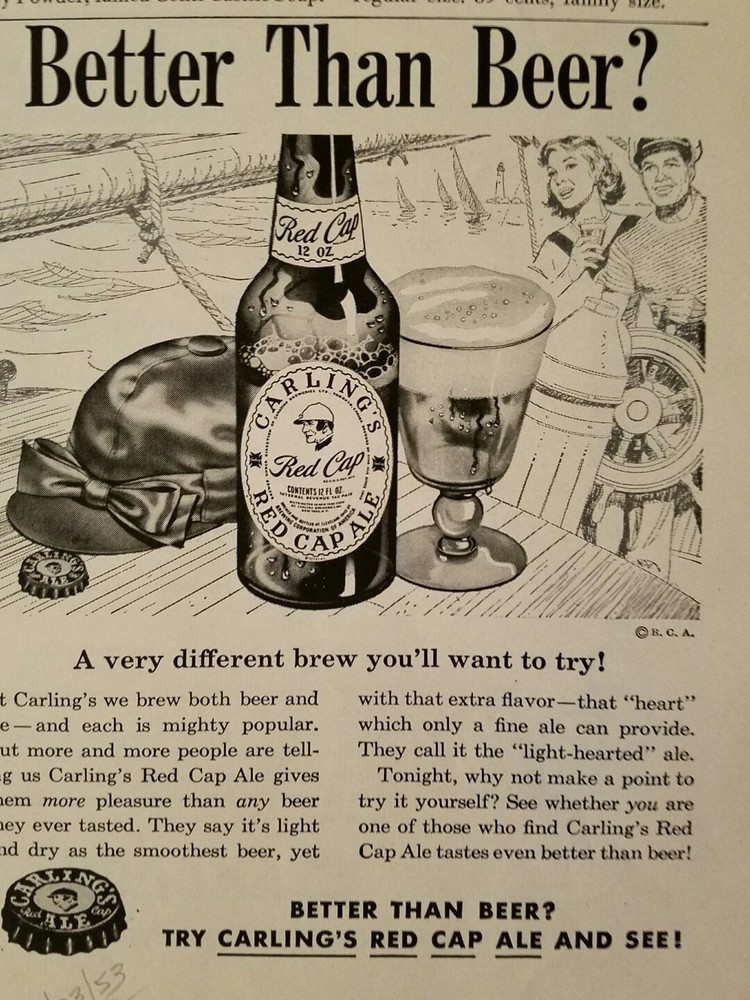 1953 Red Cap ale bottle better than beer ad