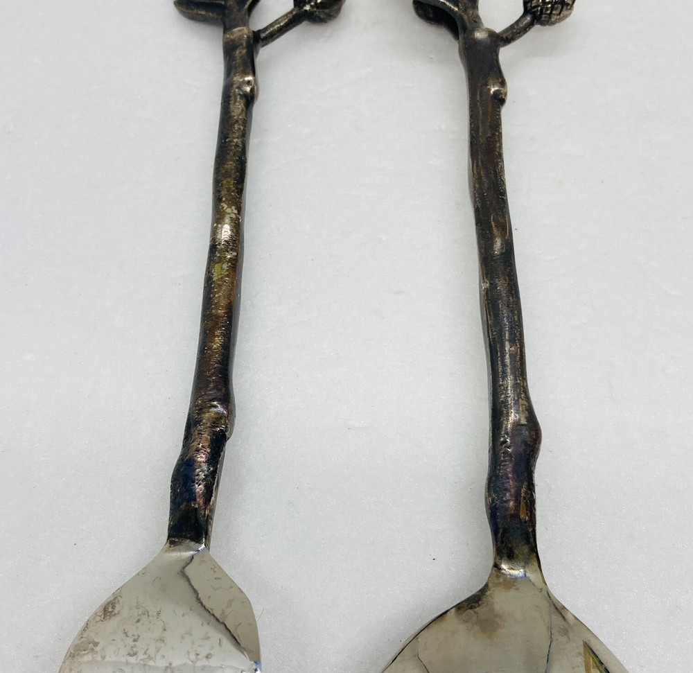 Rare 1960s Large Serving Spoon Fork Set Acorn Branch Handle 11” Art Decor C3