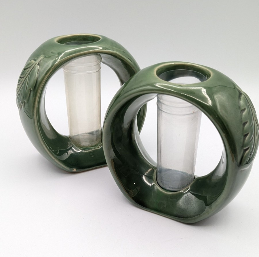 Vtg Ceramic Circular Bamboo Planters with Plastic Inserts Embossed Leaf Design