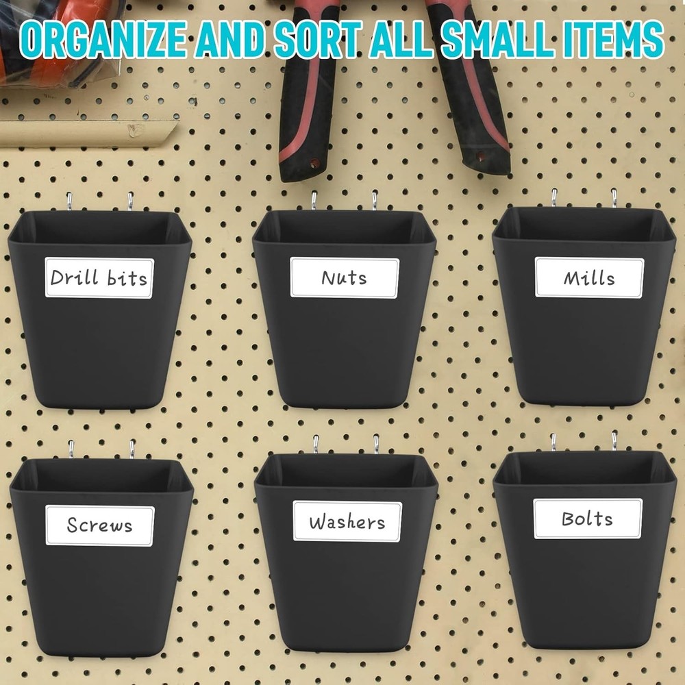 G.CORE Large Pegboard Cups Peg Board Storage Bin 6 Pack with Hooks, Black