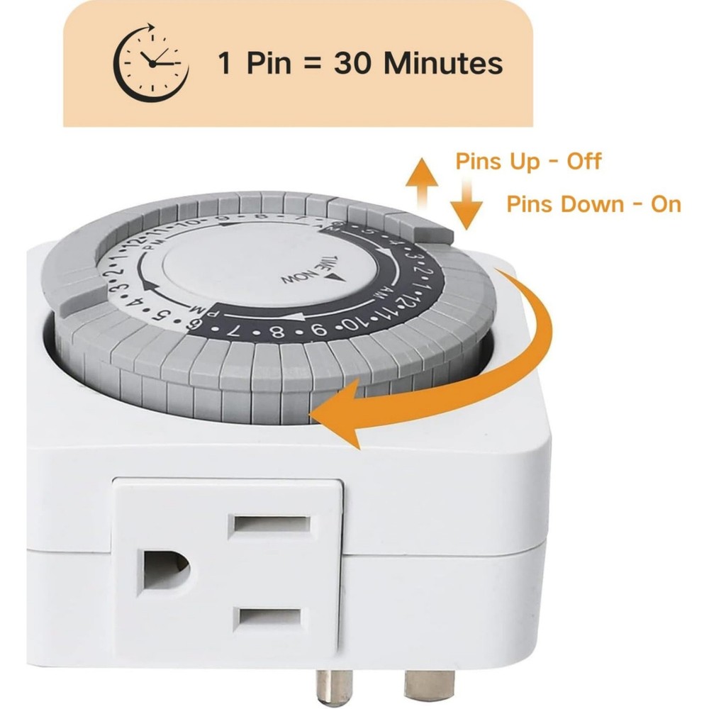 2 Pack 110-125V 3-Pin Timer Switch For Home Lighting 24-Hour Programmable Plug