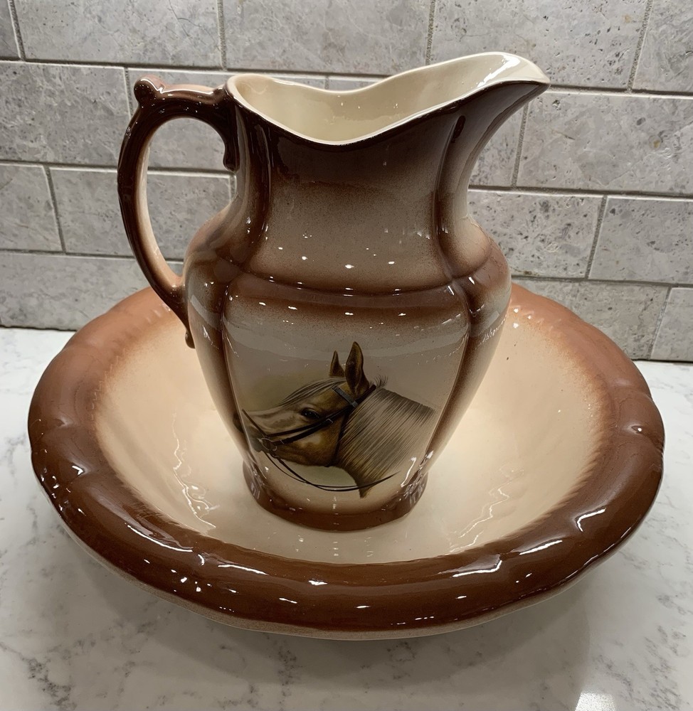 Vintage Bowl And Pitcher With Horses On It
