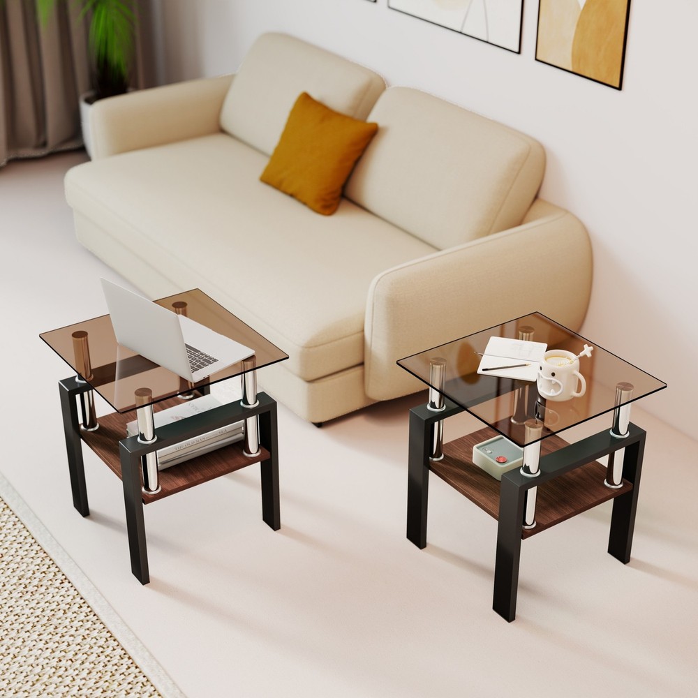 Modern Tempered Glass Set of 2 Coffee Table Tea Table Square Table End Table