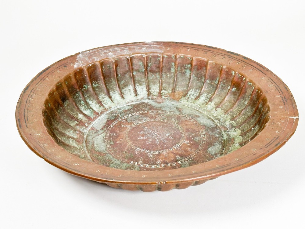 EGYPT SIGNED Antique Solid Bowl Copper Embossed Carvings Hammered Handmade