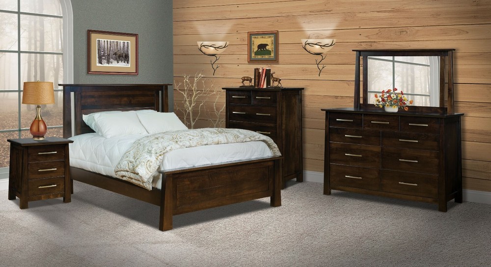 Amish 5-Pc Modern Bedroom Set Solid Wood Angled Cutout Panel Headboard