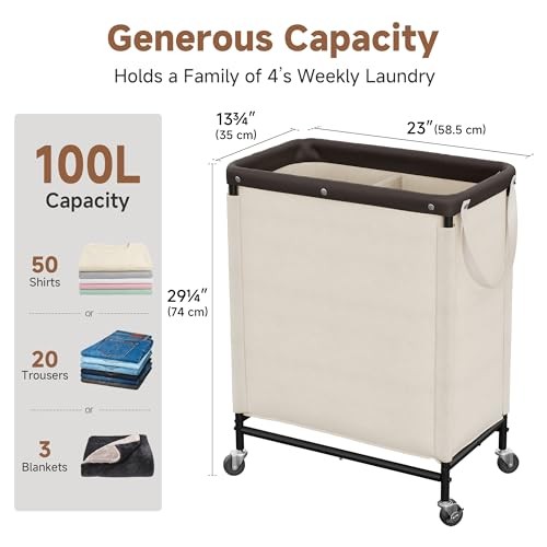 2 Section Laundry Hamper, Rolling Laundry Cart with 100L(2-Section) Beige