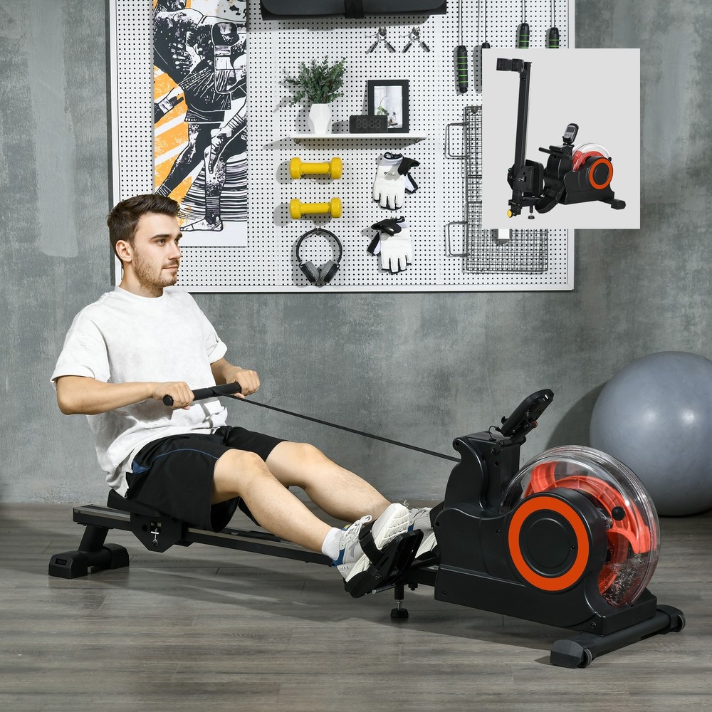 Foldable Water Rowing Machine with Wheels for Home Gym, Red