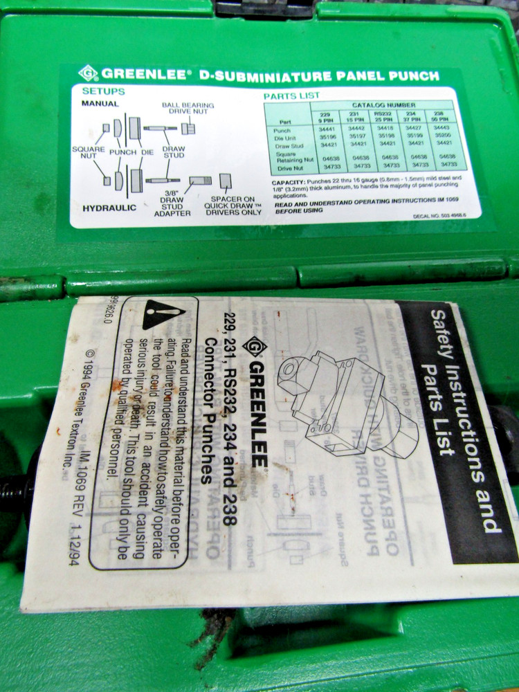 ✌️GREENLEE HYDRAULIC 25 PIN D-SUBMINIATURE PANEL PUNCH RS232
