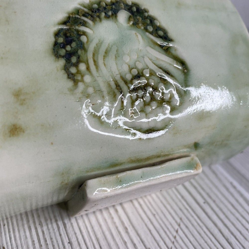Artisan Pottery Bread Mail Holder Green Ceramic Stamped