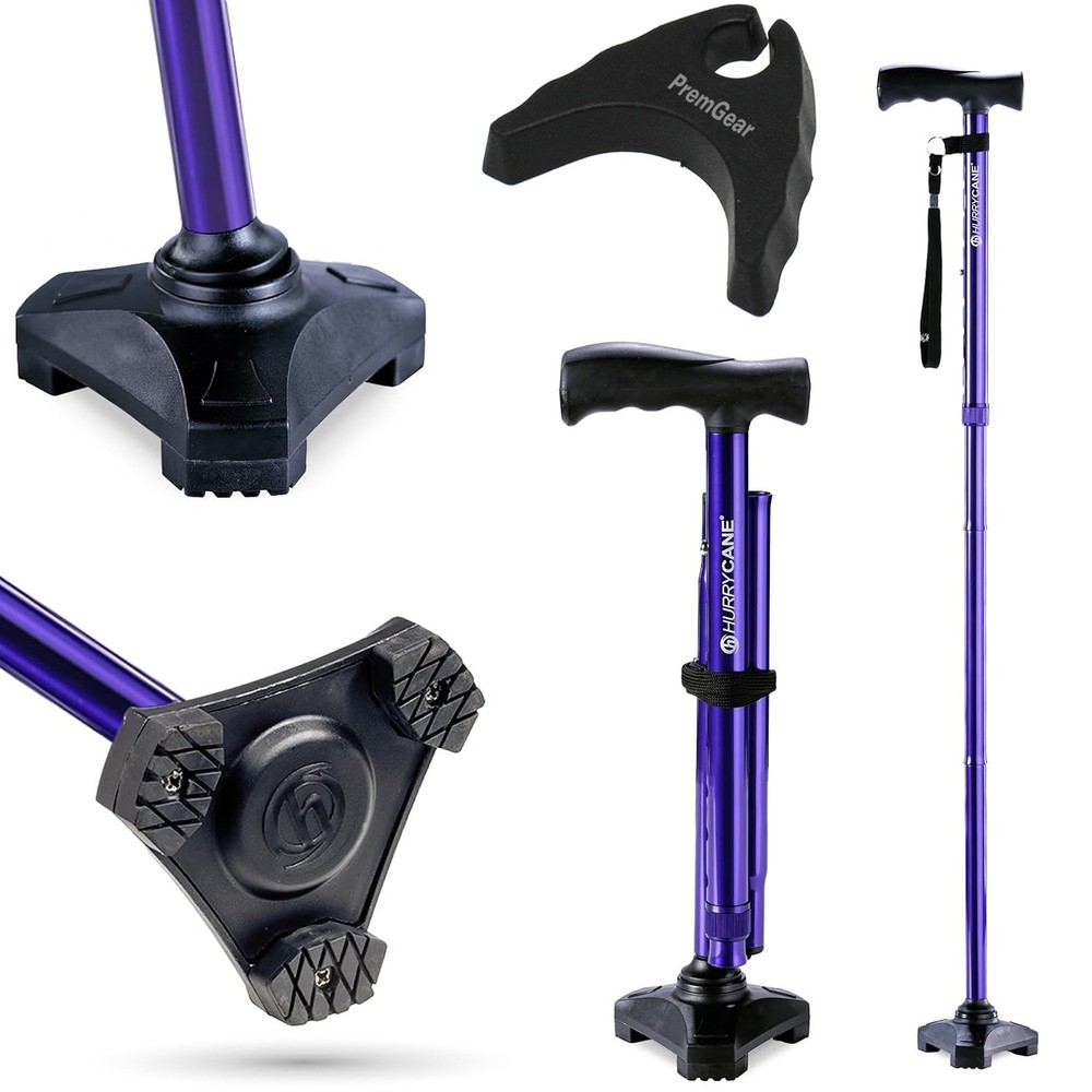 HurryCane Freedom Edition Foldable T Handle Walking Cane Purple + Cane Holder