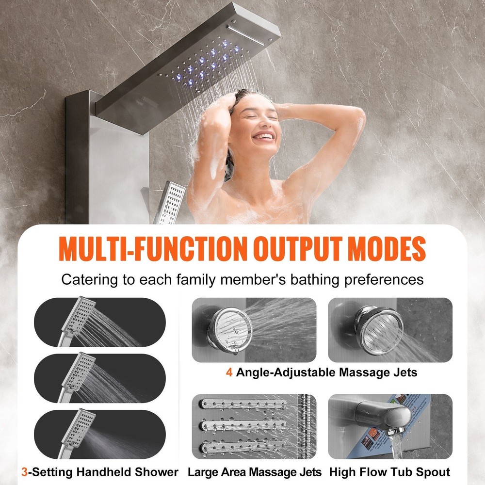 6-Mode LED Shower Panel, Rainfall & Waterfall, 5 Jets, Handheld, SS