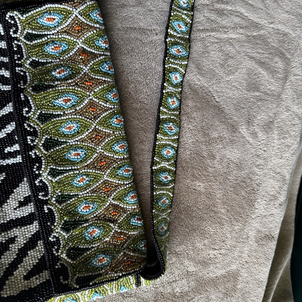Cacle Small Seed Beaded Purse Hand Beaded Peacock Feather Look
